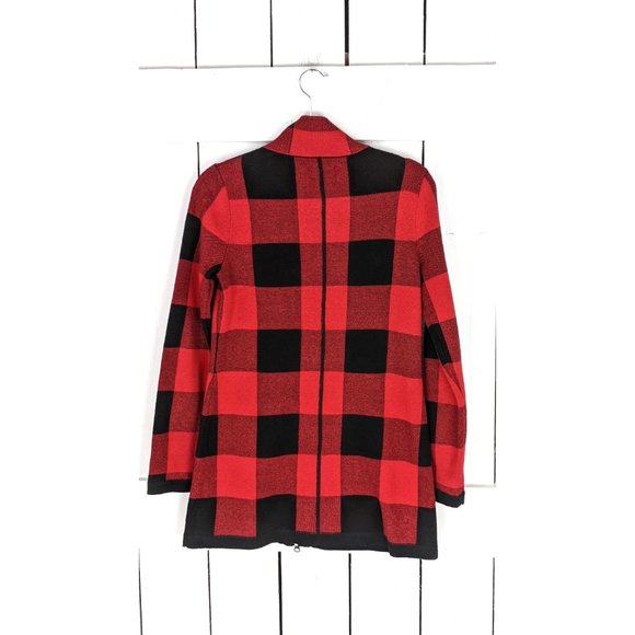 Adrienne Vittadini red black checkered buffalo plaid zipper cardigan sweater - Picture 6 of 6